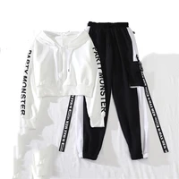 2021 spring letter printed ribbon black cargo pants women streetwear loose hooded 2 piece set white pullover with black joggers