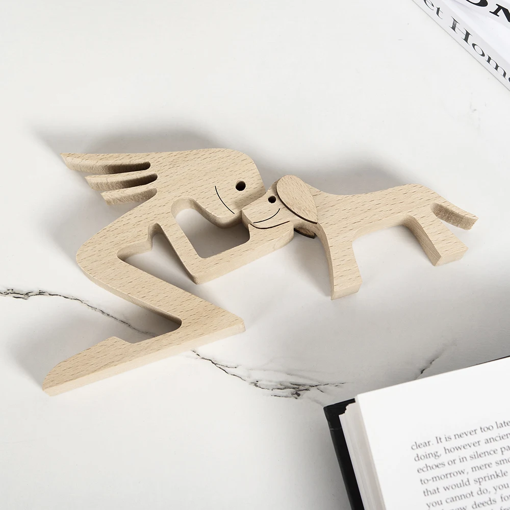 

Human and Dog Wooden sculpture hand-sanded Craft Home Desk Decorations Carved Miniatures Family Puppy Ornament Table Statue