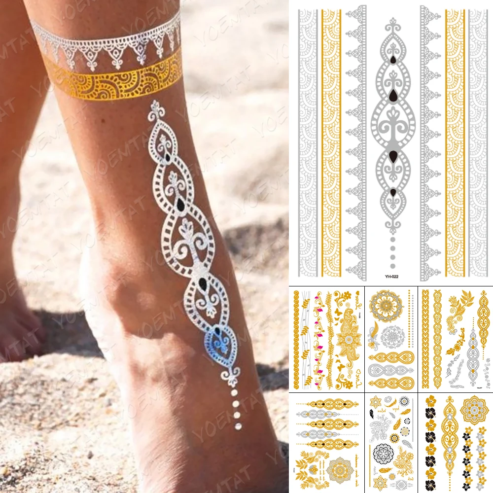 

Waterproof Temporary Henna Mandala Tattoo Sticker Gold Silver Metallic Flash Tatoo Boho Party Flower Jewelry Glitter Body Art