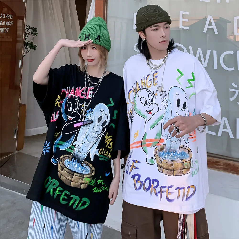 

UNCLEDONJM Hand-painted cartoon graffiti T-shirt men urban street graphic t shirts kawaii clothing oversized t shirt UBO2103