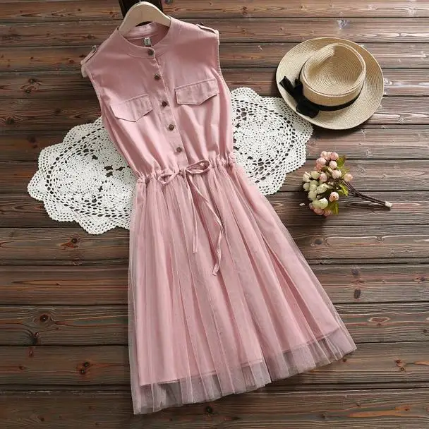 Japanese Mori Girl Summer Women Elegant Sundress Pink Blue Linen String Sleeveless Mesh Dress Kawaii Sweet Tulle AE727 | Женская одежда