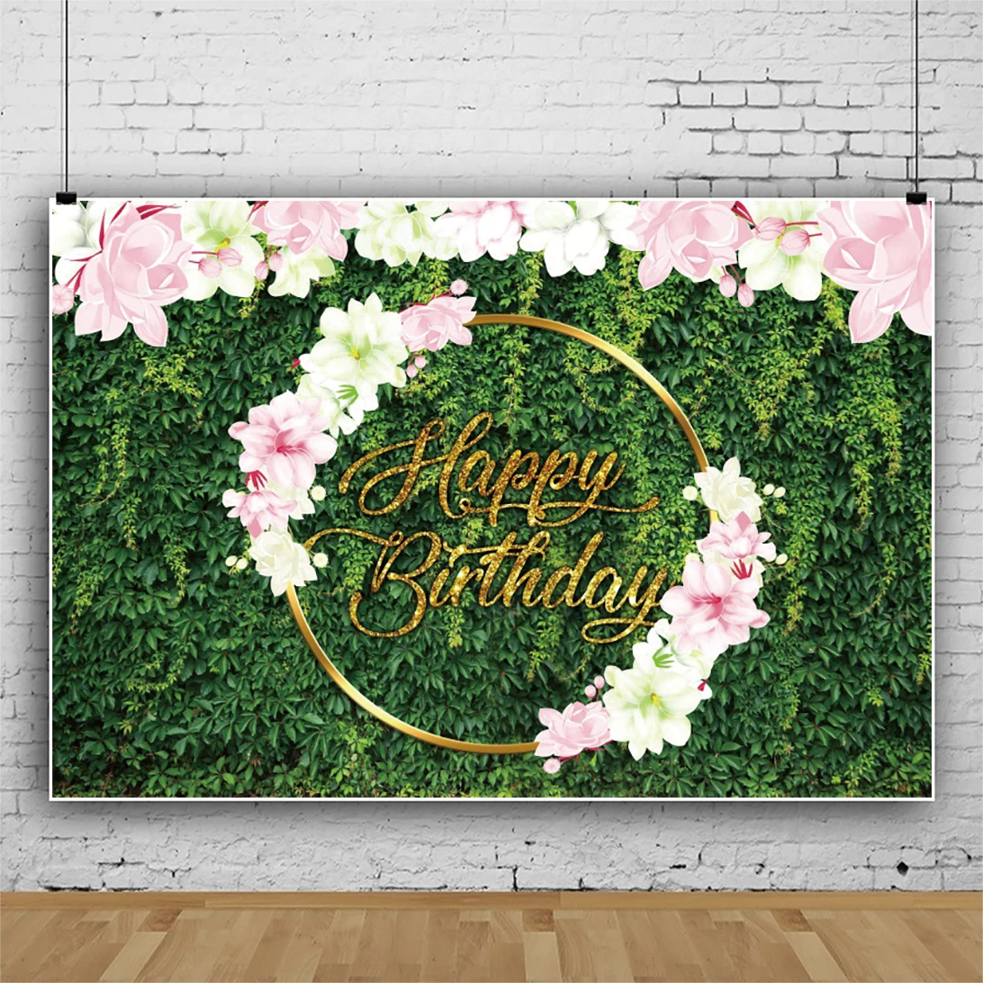 

Laeacco зеленая трава стена цветы тропические растения и листья фото счастливых День рождения фон фотографии фон для студийной фотосъемки