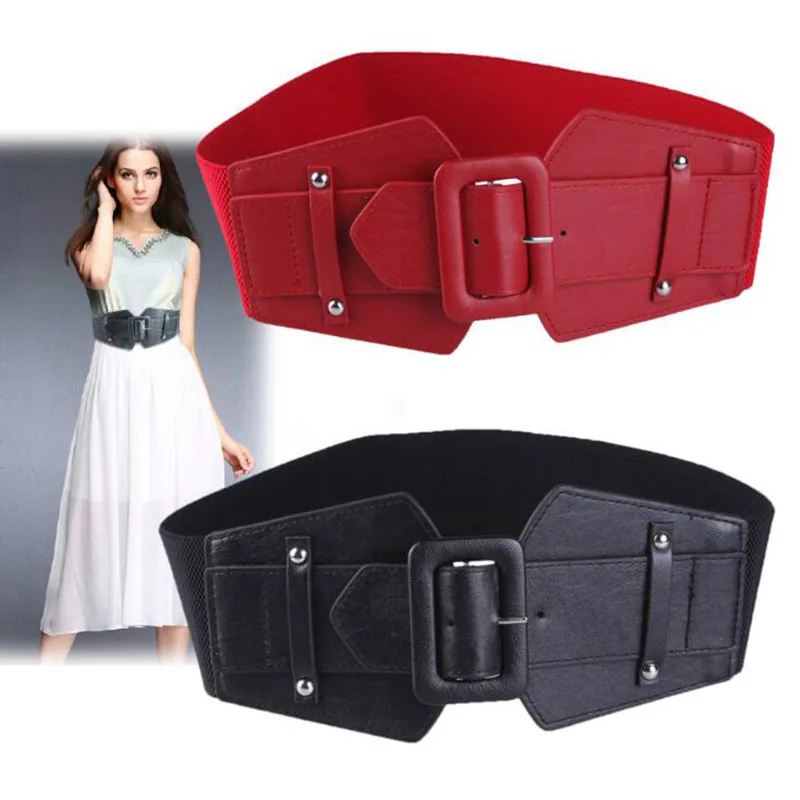 Винтажный простой женский широкий пояс модный однотонный эластичный из ПУ кожи с