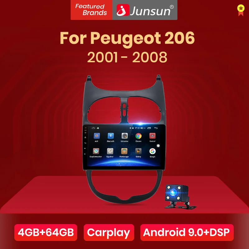 Автомобильный мультимедийный плеер Junsun V1 pro 4 Гб + 64 ГБ Android 9 0 DSP для Peugeot 206 2001 2008