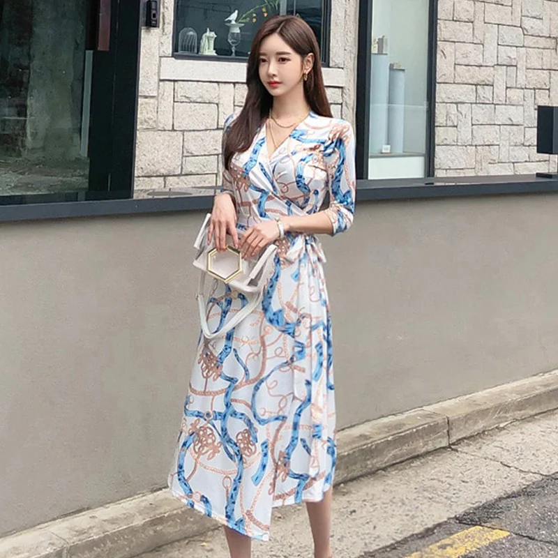 

Korean Elegance Waist One-Piece Lacing Mid-Length Dress Women Rac