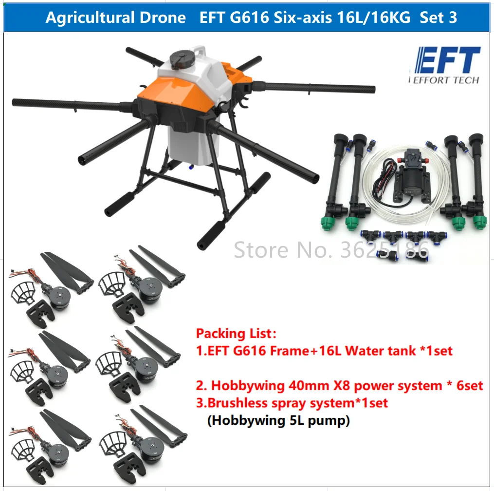 

2021 NEW EFT G616 Six-Axis 16L 16kg Agricultural Spray Drone Brushless Water Pump With Hobbywing X8 Power System T12 H12 Kit