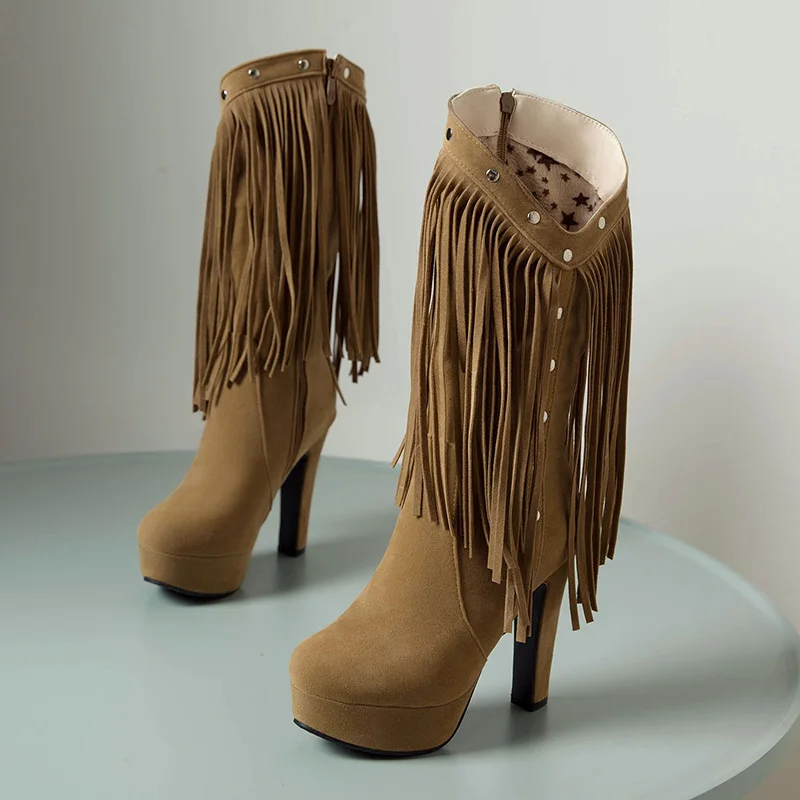 

Women Platform Mid Calf Boots Autumn Winter New Fashion Thick High Heels Flock Adult Fringe Rivet Black Shoes Plus Size 48 50