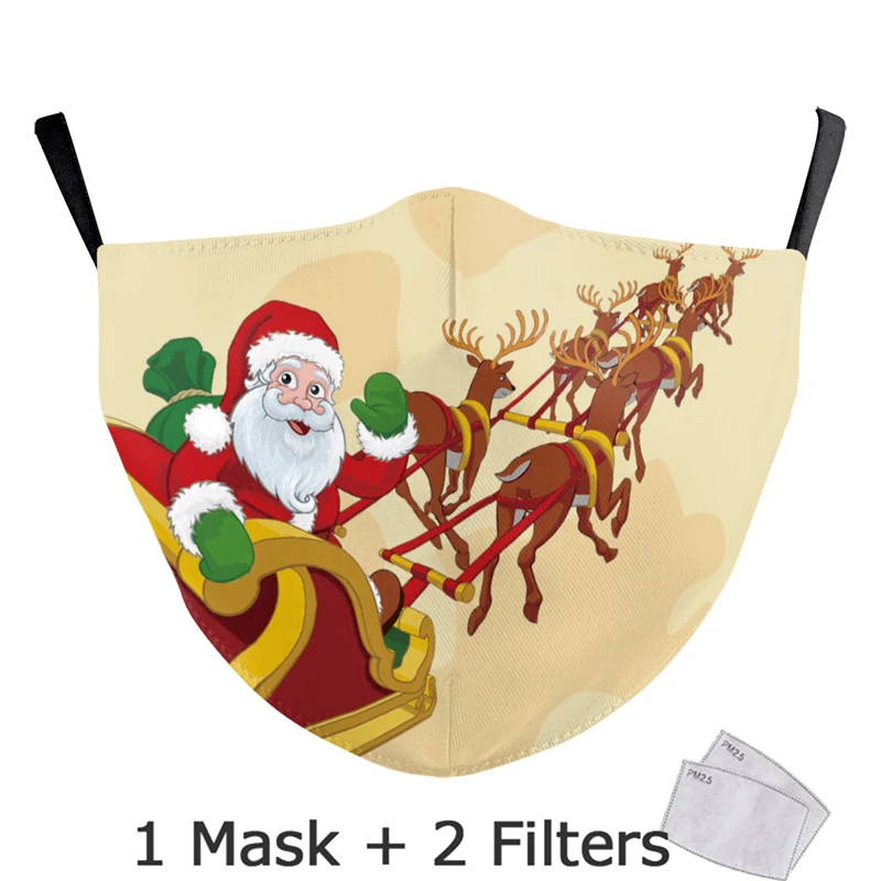 

Merry Christmas Party Adult Mouth Mask With Filter Santa Claus Snowman Elk Snowflake Printed Reusable Washable Fabric Face Mask