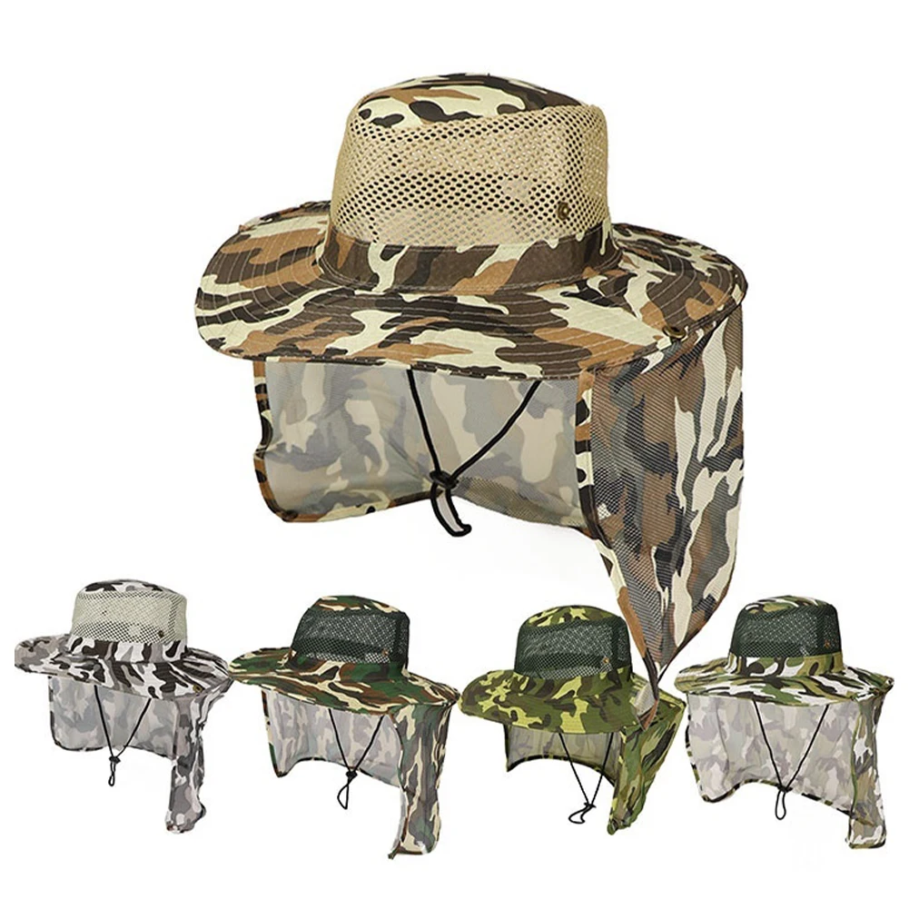 

New Outdoor Fishing Hat Wide Brim Man Breathable Mesh Fishing Cap Beach Hats Camouflage Sun UV Protection Shade Hat Wholesale
