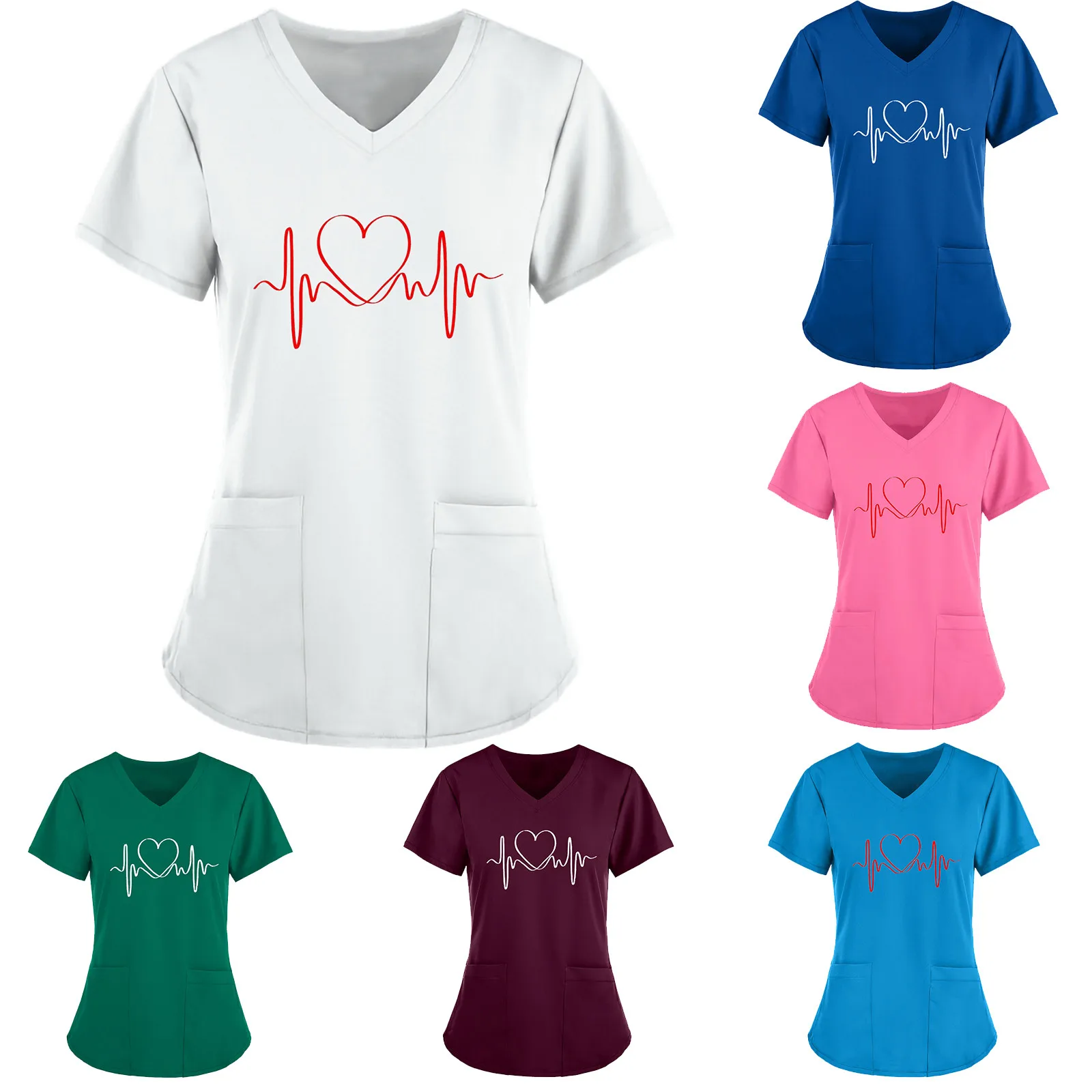

Woman Love Print Short Sleeve Clinical Uniforms Nursing Clothes Summer V-neck Pocket Working Casual Medicine Uniforms Nurse Tops