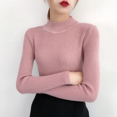 pink Bonjean, вязаные топы, джемпер, Осень-зима, повседневные пуловеры, свитера, женская рубашка с длинным рукавом, короткий тонкий облегающий свитер для девочек - Цвет: pink