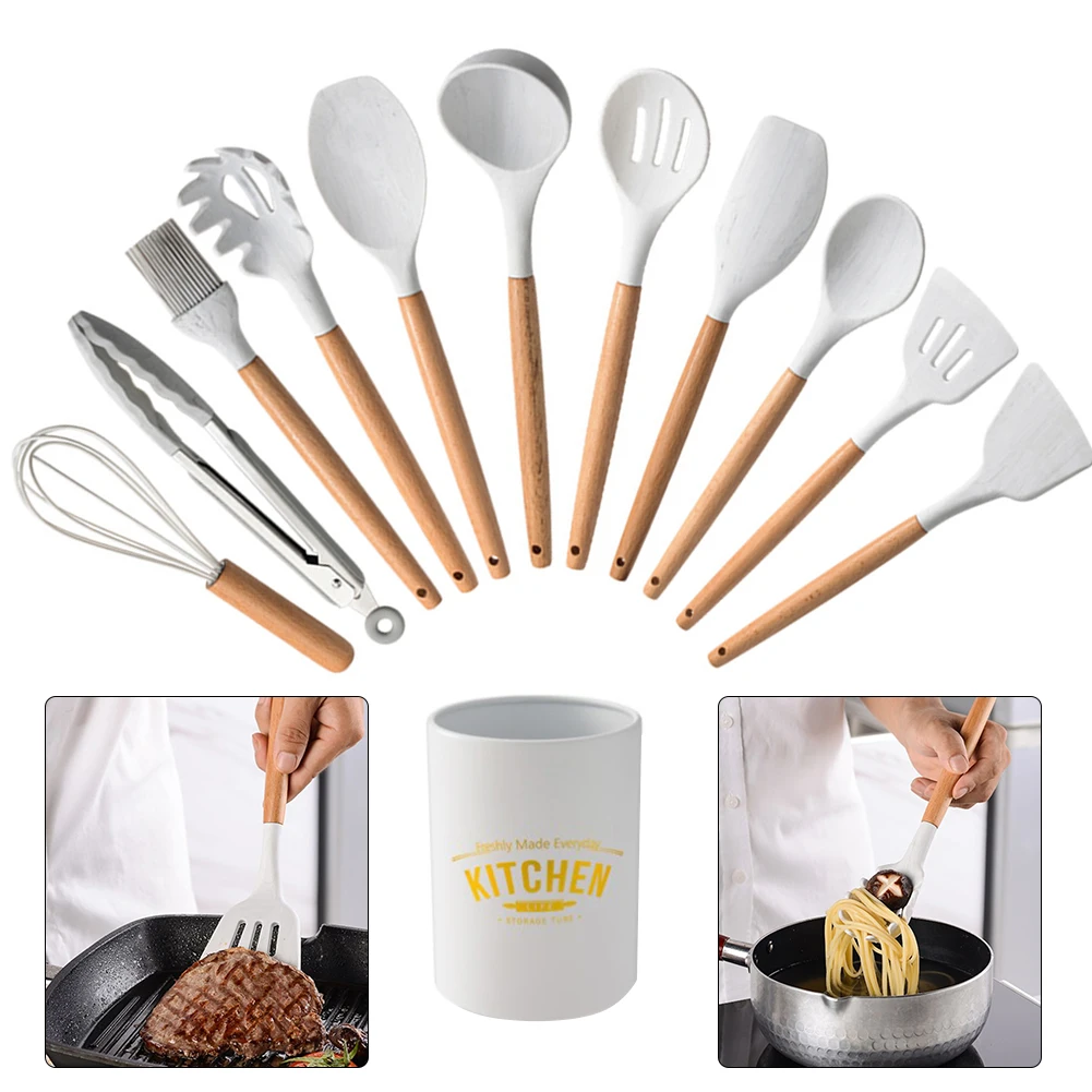 

12PCS Silicone Kitchen Cookware High Temperature Resistant Non-Stick Wooden Handle Silicone Spatula Baking Tool With Storage Box