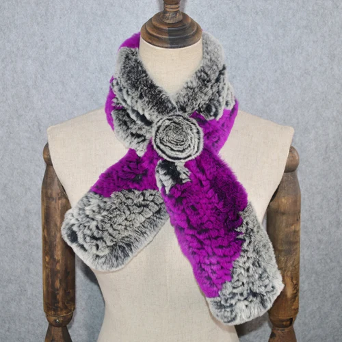 gray and purple Хит, Женский Теплый мягкий настоящий шарф из меха кролика Рекс, натуральный мех кролика Рекс, шарф-кольцо для девочек, вязаные шарфы из меха кролика рекс - Цвет: gray and purple