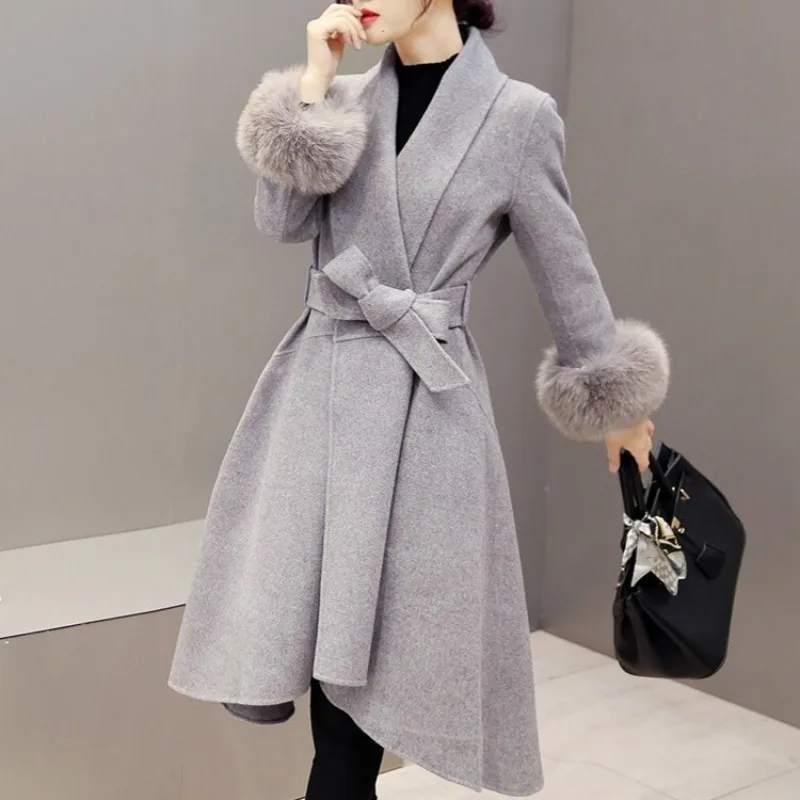 Женское шерстяное пальто на завязках асимметричное приталенное средней длины с