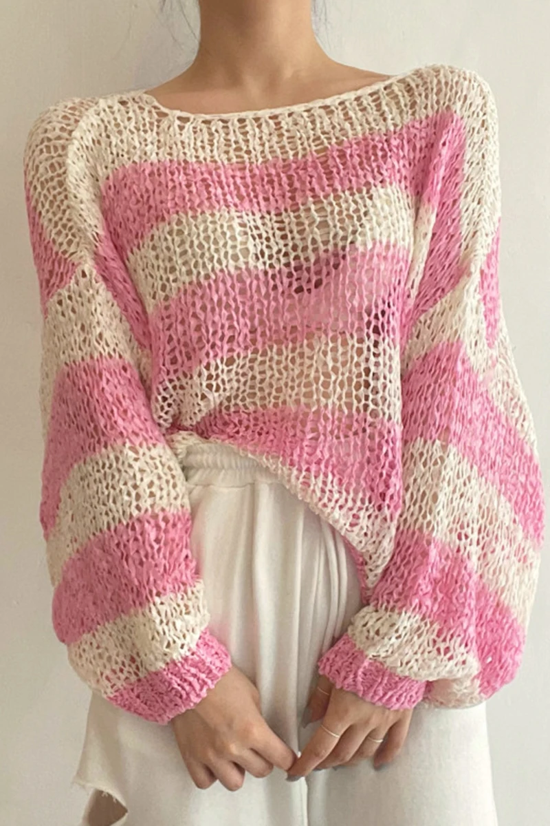 

Korean version of gentle and sweet word shoulder color striped anti-sunshine loose wild long sleeve hollow sweater female