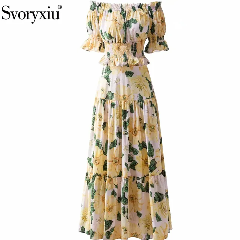 

Svoryxiu Yellow Camellia Print Summer Runway Skirt Suit Women's Sexy Off Shoulder Toops + Maxi Skirt Two Piece Set