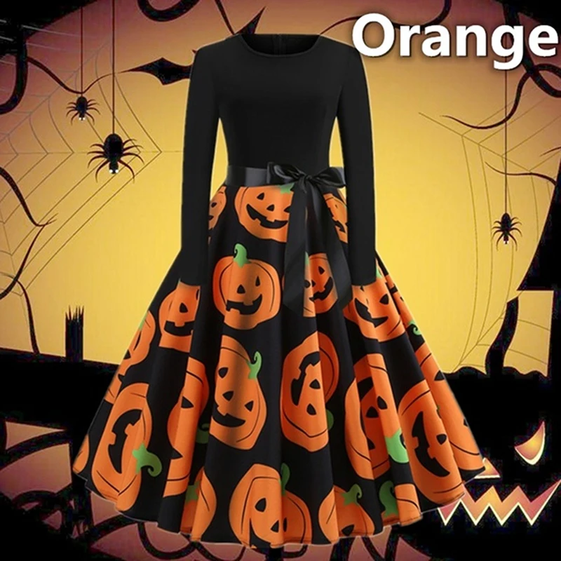 

Fancy Pumpkin Halloween Womens Dress Long Sleeve Mid Length Princess Dress Ladies Costume Festival Party Vintage 50s 60s Robe