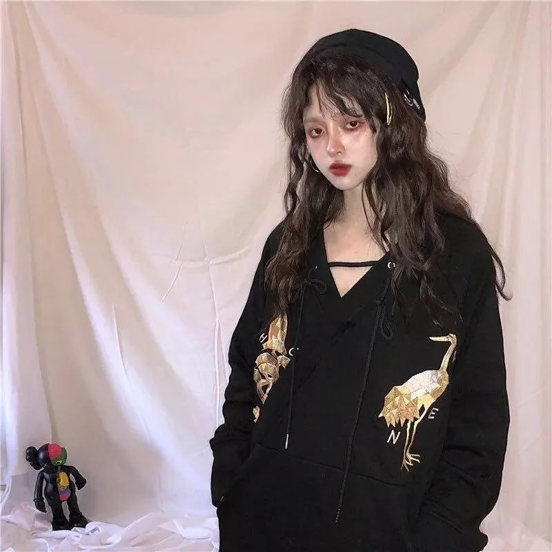 Черная китайская рубашка Harakuju мешковатая одежда для женщин вышивка женский