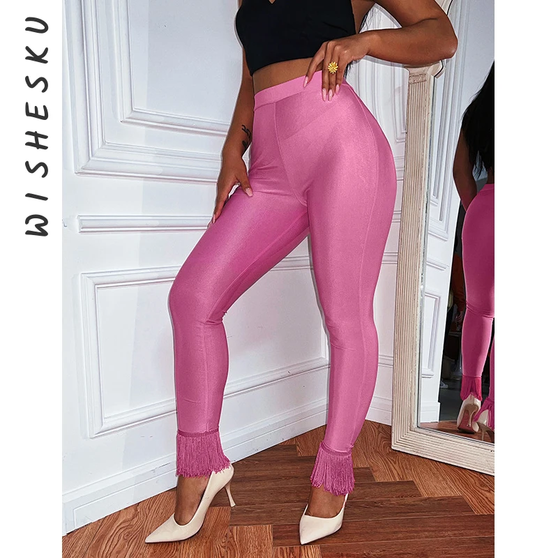 

Sexy Bright Pink Pencil Pants Women High Waist Skinny Tassel Sweatpants 2022 Spring Fall Harajuku Vintage 90S Y2K Clothes