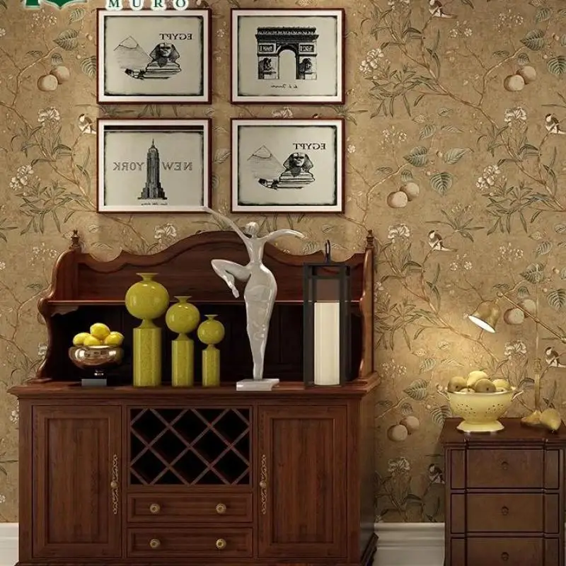 

European style flower and bird apple tree non-woven fabric bedroom living room ab version study wallpaper retro nostalgic roll