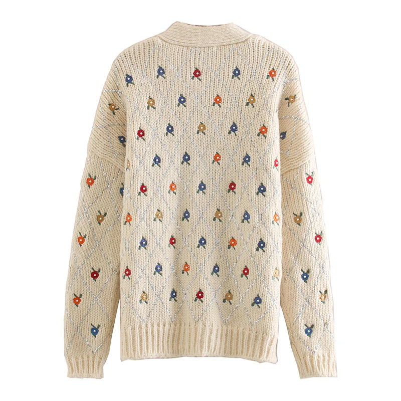 Elina V Neck Sweaters Women Fashion Embroidery Single Breasted Sweater Elegant Long Sleeve Female Ladies LAD |