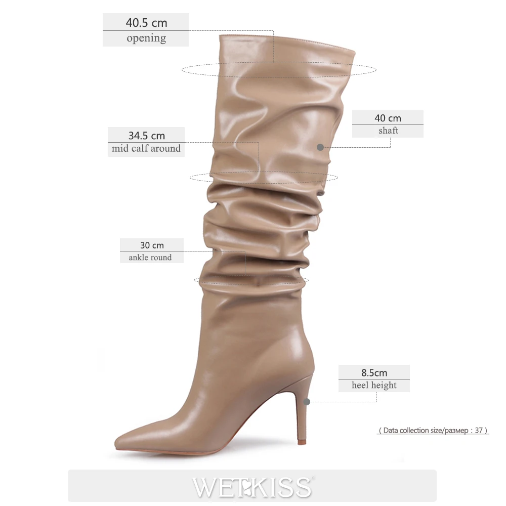 

WETKISS Pleated Knee Boots Women Slip On Thin High Heels Shoes Woman Pointed Toe Ladies Slouchy High Boot Fashion Shoes 2020