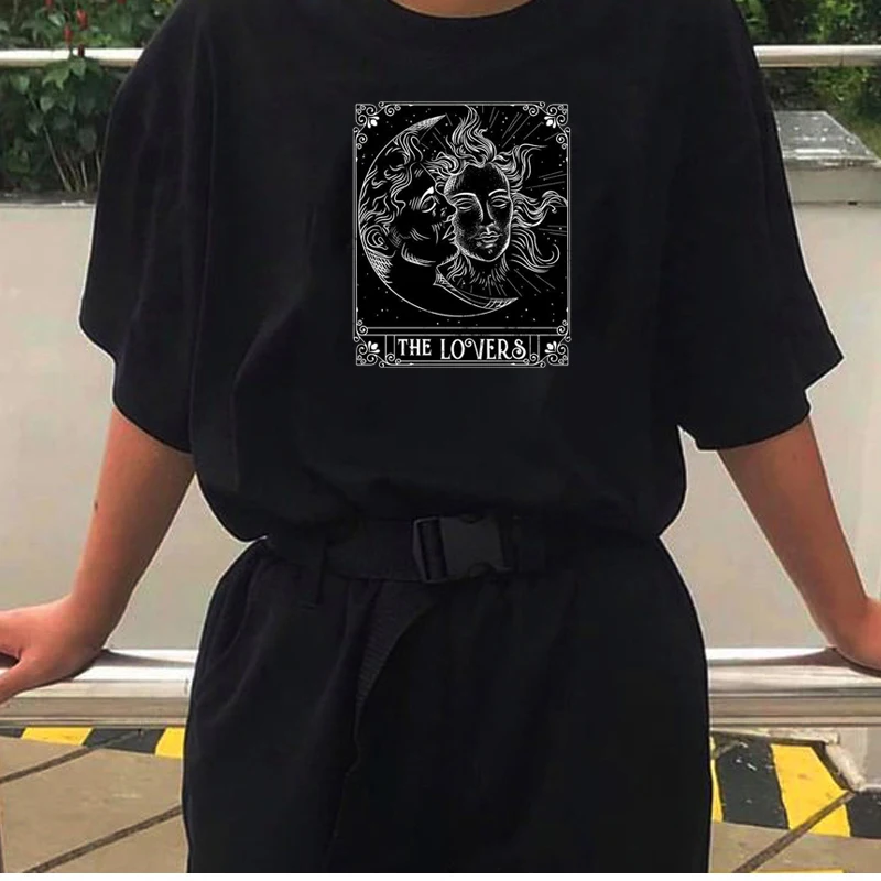 Tarot Sun Moon The Lovers Graphic Tee Black Gothic Cool Grunge 90s Fashion Unisex T-Shirt Casual Funny Harajuku Tumblr Women Top | Женская