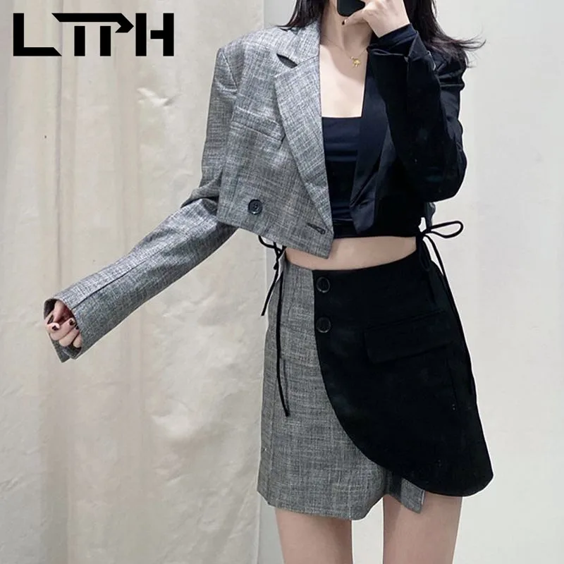 LTPH-Chaqueta corta de estilo inglés para mujeres faldas trajes vintage de retazos, trajes de falda irregular de cintura alta, primavera 2021