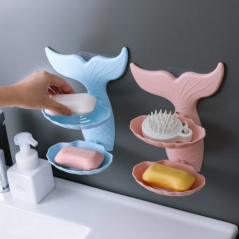 

Soap Holder Double Layer Drain Soap Box Bathroom Storage Box Suction Cup Paste Tray Plastic Container Shell Shape No Punching