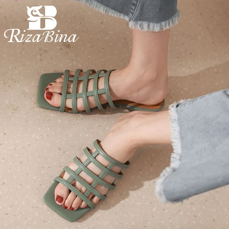

RIZABINA Women Real Leather Slippers Open Toe Flat Heel Slip On Hollow Out Shoes Gladiator Outdoor Ladies Footwear Size 34-39