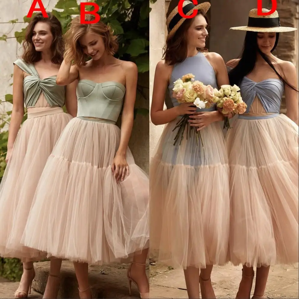 

Modest Sexy Ice Blue Mint Green Cheap A Line Bridesmaid Dresses One Shoulder Jewel Neck Tulle Satin Maid Of Honor Dress