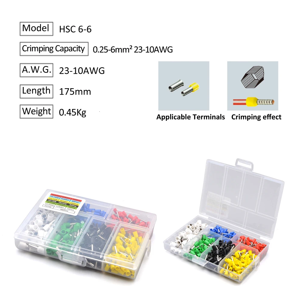 6-6 0.25-6mm 23-10AWG Hexagon& 10S 0.25-10mm 23-7AWG Quadrilateral Tube Bootlace Terminal Crimping Pliers Crimp Hand Tools HSC8