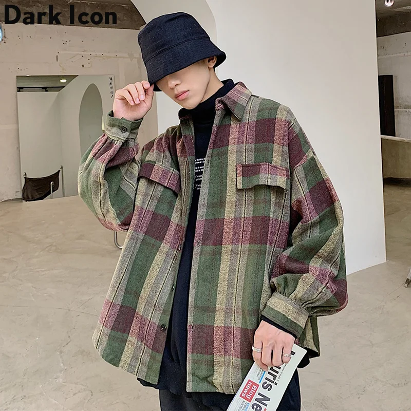 Темная икона клетчатая рубашка для мужчин латерн рукав хип-хоп негабаритные