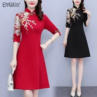 ehqaxin spring ladies cheongsam dress retro elegant embroidery stand up collar a line dress female ethnic style l 5xl