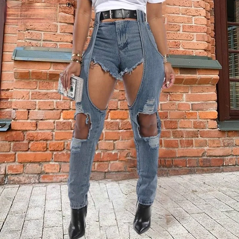 

Long Short Patchwork JeansHigh Waist Long Trousers 2021 Women Sexy Hole Denim Pants Female New Street Style Fashion