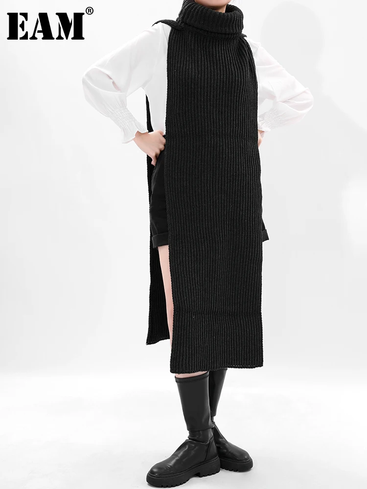 

[EAM] Women Gray Long Keep Warn Vent Split Joint Keep Warm Scarf New Long Personality Fashion Tide Autumn Winter 2022 TV8730