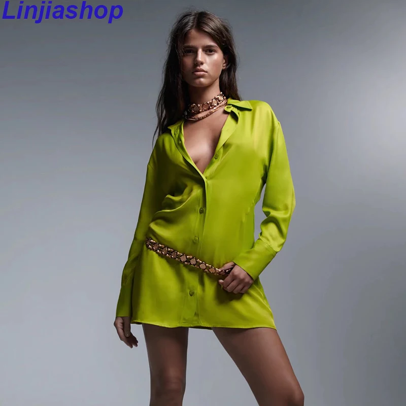 

Satin Solid Sexy Single-breasted Sheath Women's Dress Long Sleeve Ruched Bandage Shirt Mini Dresses Beach Partywear Clothes