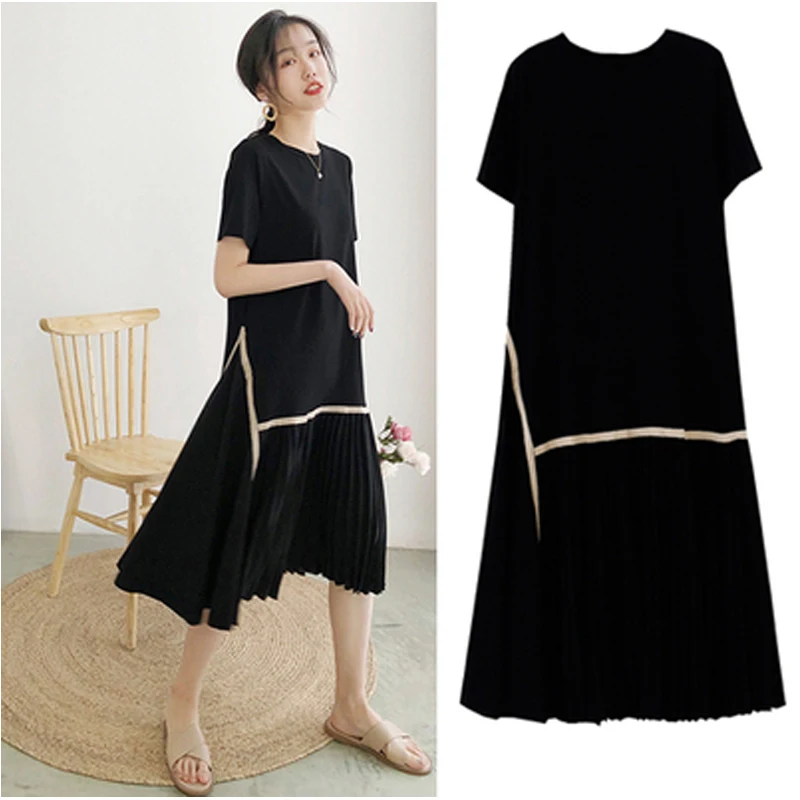 2022 Summer Plus Size 4XL Women Tunic Dress O-Neck Loose Ladies Vestidos Dresses Black Color Patchwork Female Robe Dress KE1073
