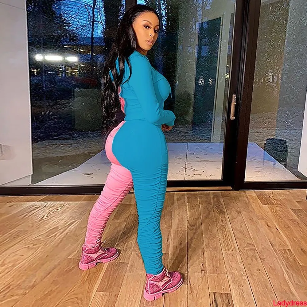 

2020 new Casual Two Colors Patchwork Women 2 Pieces Sets Good Lif Print Hoodies+Stacked Jogger Tracksuit Pants Matching Sets Sli