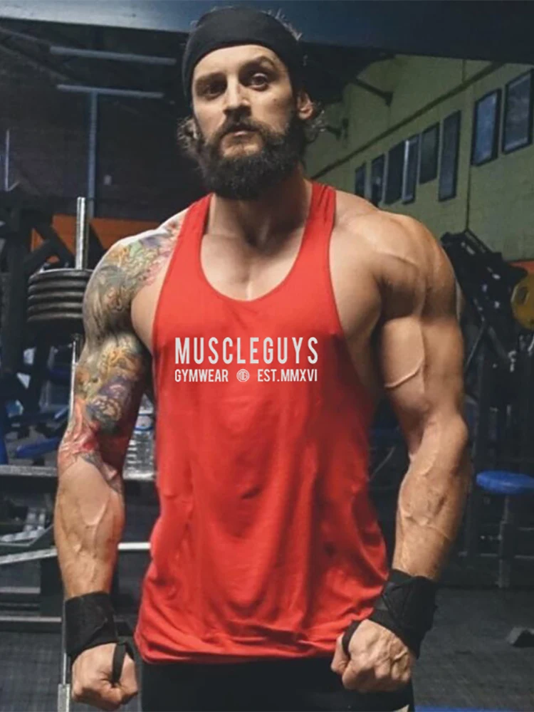 

Muscleguys Brand Clothing Men Bodybuilding Fitness Tank Top Letters Print Cotton Gym Stringer Singlets Workout Sleeveless Shirt