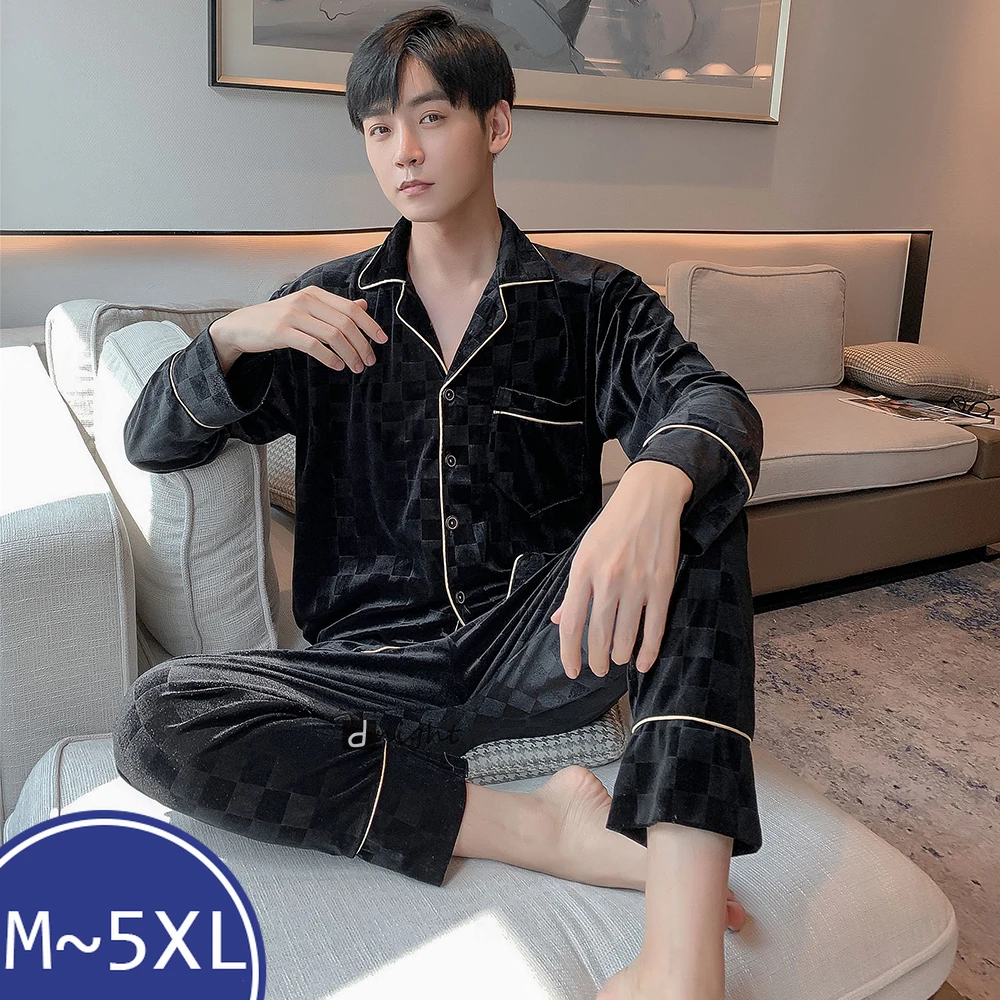 

Large L-5XL Plaid Black Velvet Men Pajamas for Winter 2 Piece Set Sleep Lounge Wear Sets with Pants Home Trousers Adult Costume