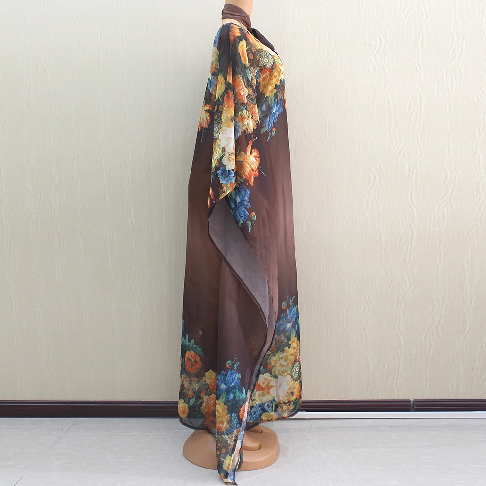 Dashikiage African Dashiki Fashion Sexy Brown Chiffon Soft Loose Flower Printed Elegant Women Dress | Тематическая одежда и