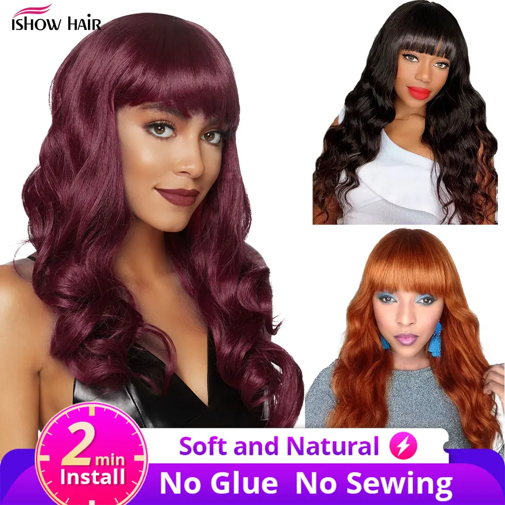 Ishow парик с бахромой человеческие волосы цветные парики челкой машина сделал