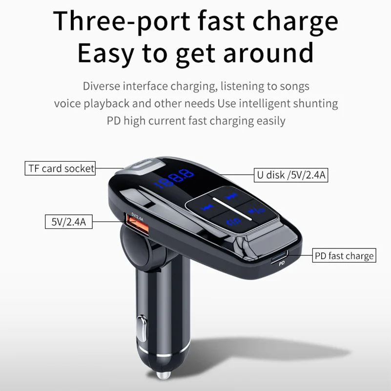 

Konrisa FM Transmitter Modulator with Type-C PD Fast Charger Wireless A2DP Music Player Handsfree Car Kit Support U-disk TF Card