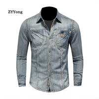 zyyong new fashion lapel long sleeve mens denim shirt retro slim blue motorcycle style streetwear leisure thin coat