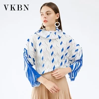 vkbn news spring autumn geometric pleated fabric casual plus size hoodies women pullovers female high collar