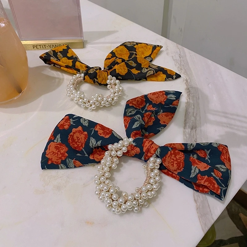 

H009 Retro pearl silk scarf headband headband girl headband rubber elastic headband flower filament headband accessories