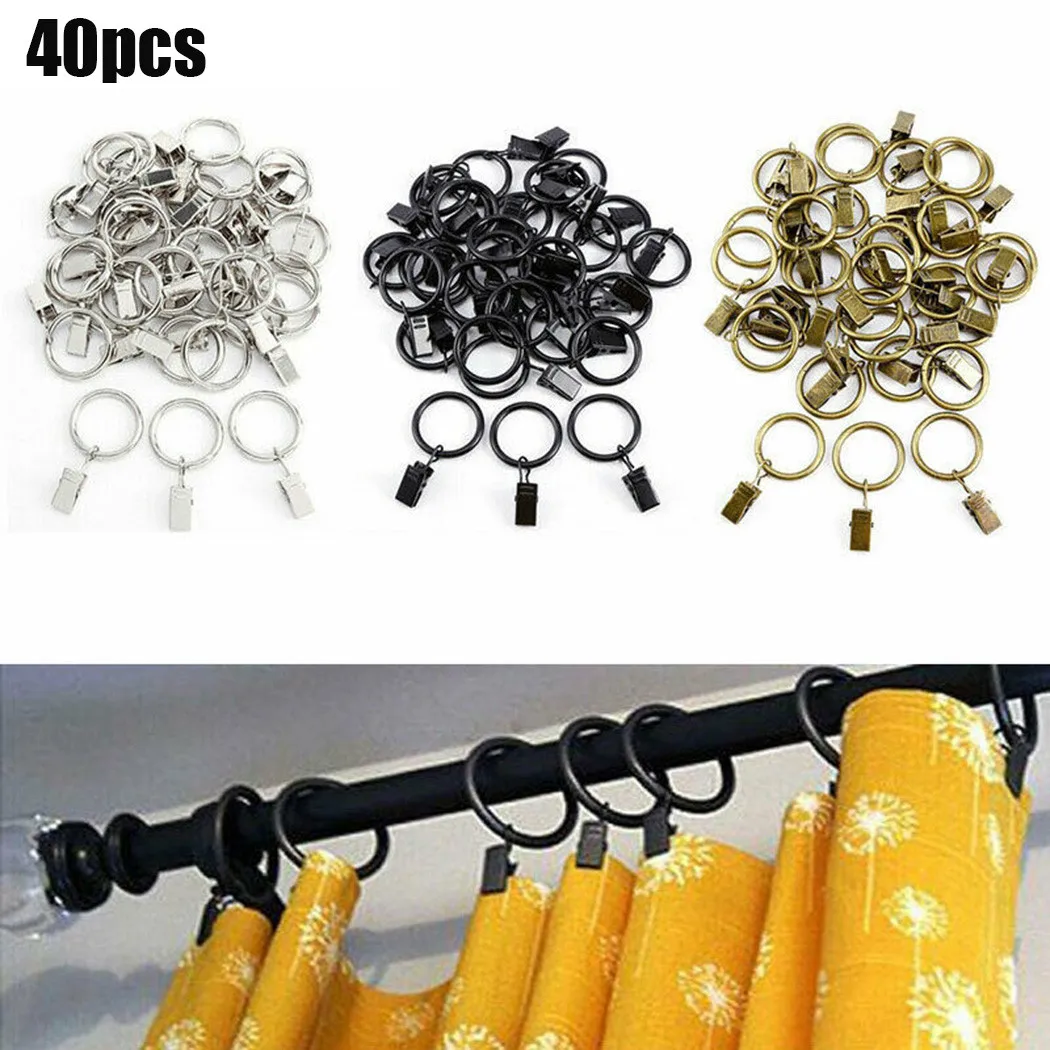 

40PCS Metal Stainless Steel Curtain Hooks Curtain Rings Hooks With Clips For Bathroom Shower Hanging Black