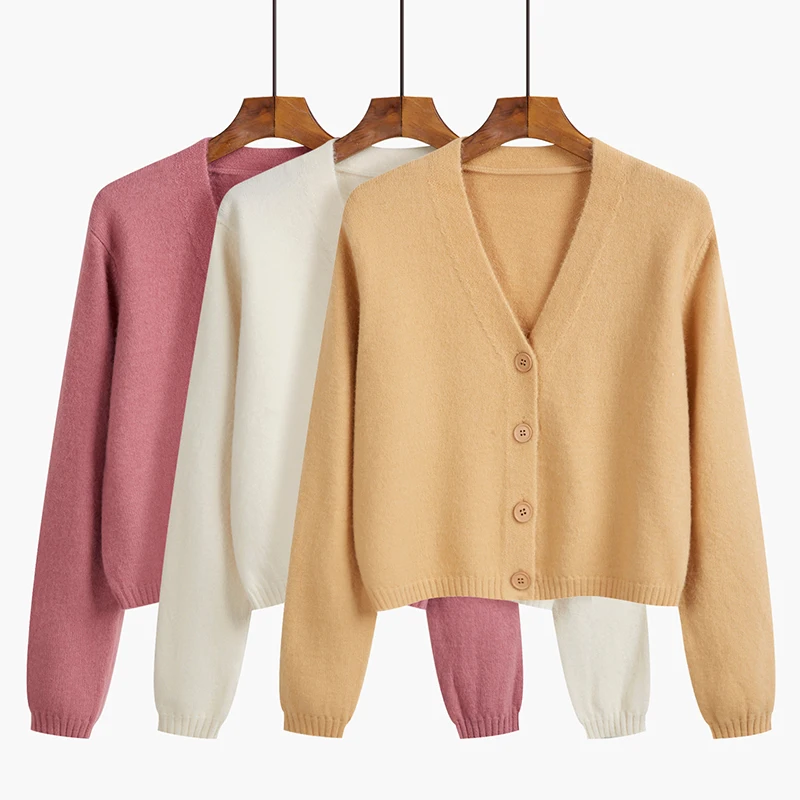 

Однотонный винтажный свитер ITOOLIN, кардиган, женский осенне-зимний однобортный свободный короткий утепленный свитер с V-образным вырезом и п...
