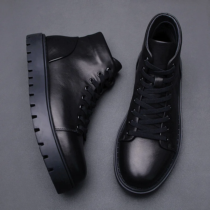 

European station winter new black Martin boots fashion men's soft soled leather casual shoes outdoor comfortable sports work boo